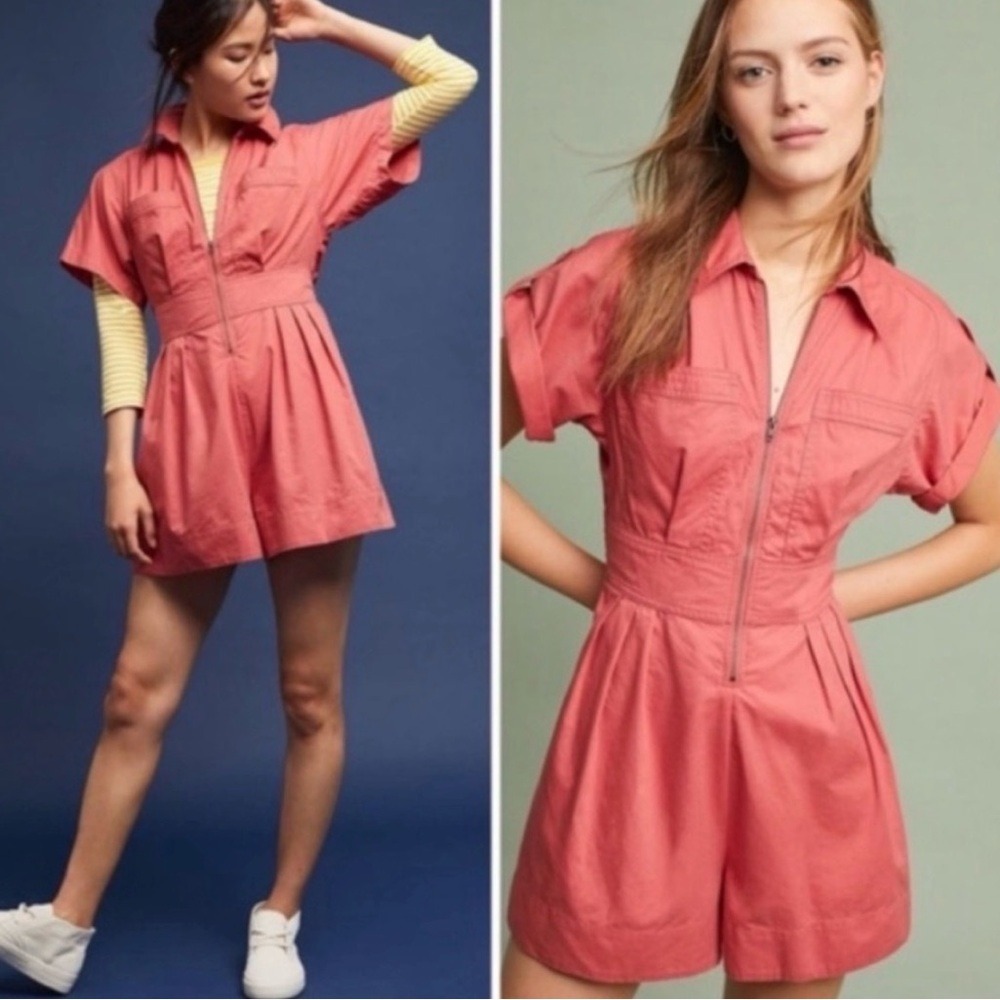Anthropologie Holding Horses Coral Utility‎ Romper Shorts Zipper Entry Size 6
